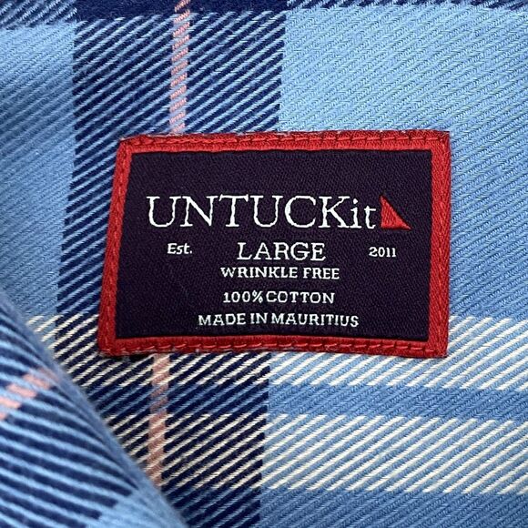 UNTUCKit Shirt Mens Large Blue Plaid Button Down Flannel Wrinkle Free Arrowwood - Picture 3 of 8